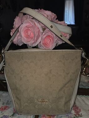 Coach Tan Signature Canvas Shoulder Bag with White Trim
